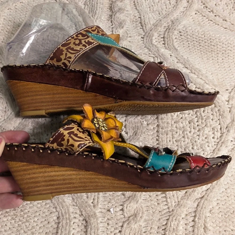 Spring Step Wedge Sandals Leather Red Yellow Teal 3D Flowers‎ Womens 38 7-7.5